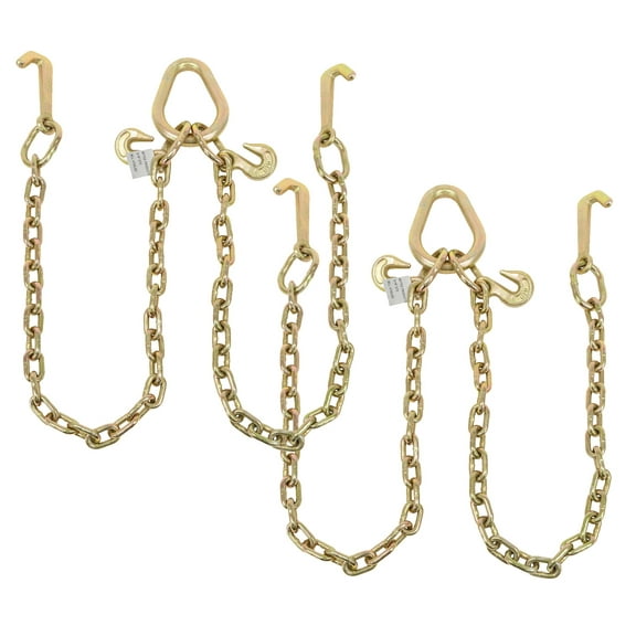 (2 Pack) Grade 70 5/16" V-Chain Bridle Tow w/ 4" Mini J Hooks & Grab Hooks at Pear Link - 3' Leg 4700 LBS WLL Tow Truck Chain for Trailer Wrecker Recovery Towing
