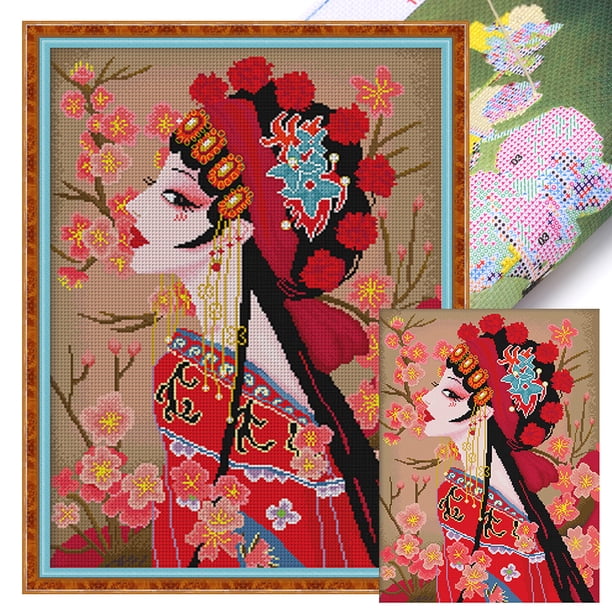 (3213) Hilo algodón ecológico bordado 11CT 3 hebras impresión 50*65cm Quintaesencia china Ópera Pekín Hua Dan 1-Kit serie punto cruz versión exquisita (gancho) (sku principal tiene vídeo)