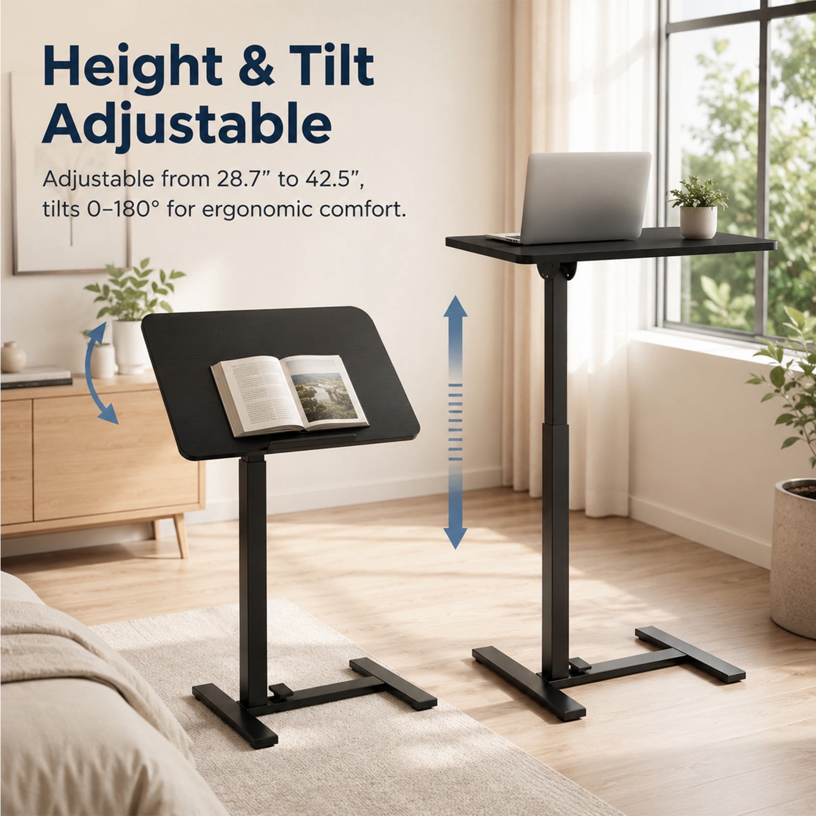 Alvantor Adjustable Bedside Table with Wheels, Overbed Table Portable Standing Cart & Laptop Desk with Adjustable Height and Inclination, Suitable for Bed, Couch, Wheelchair