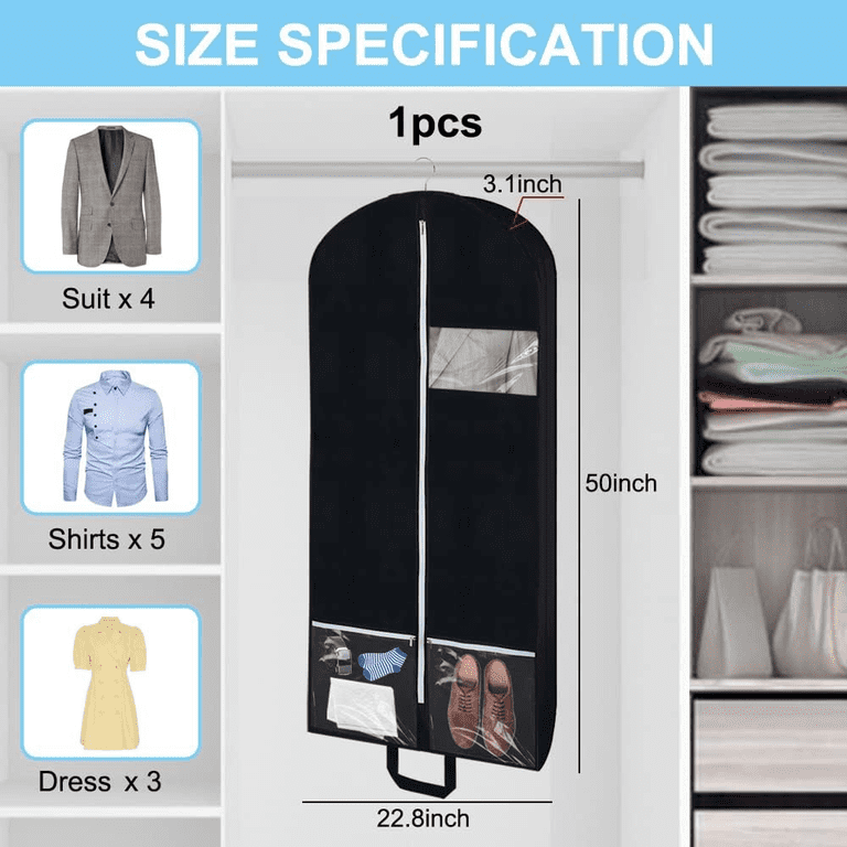 50" Garment Bag with Extra Large Pockets for Travel, Gusseted Suit Cover Mens Womens Foldable Hanging Bags for Clothes Shirts Dresses Coats