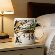 Weloille Fishing Themed Coffee Mug 1 Piece 14 Ounce, Scratch Resistant Durable Drinking Cup, Unique Pattern Large Capacity Mug, for Coffee, Tea, Outdoor Activities, Fishing Enthusiasts Gifts