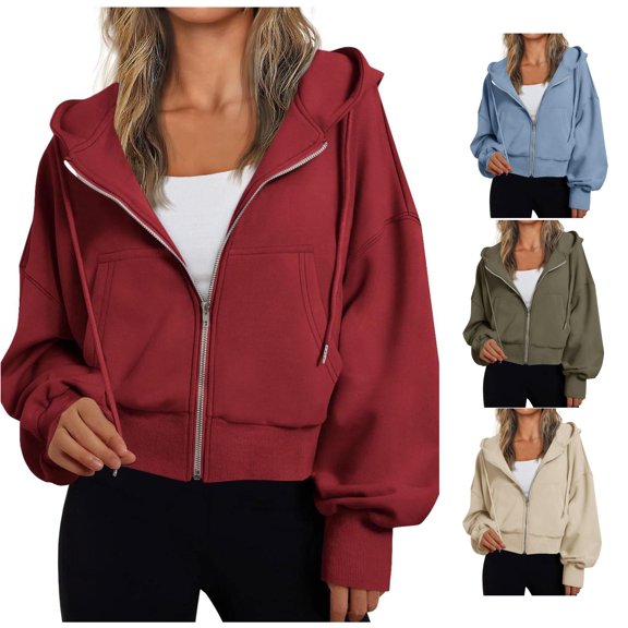 HCYSFG Women Solid Color Coat Full Zip Cropped Fit Drawstring Long Sleeve Hoodies Plain With Pockets Sporty Winter Sweatshirt Jacket
