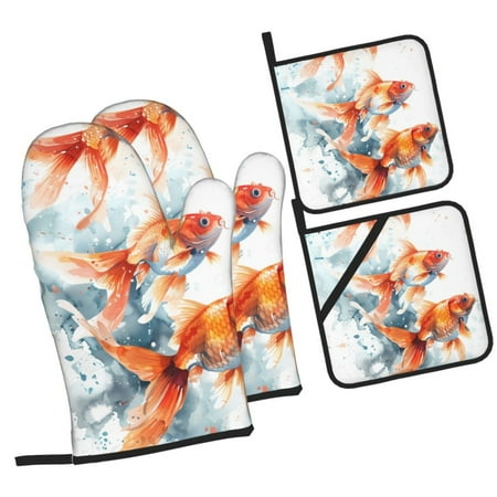 

Balery Three Goldfish Watercolor Splash Pattern Oven Mitts and Pot Holders 4 pcs Set Kitchen Oven Glove High Heat Resistant 500℉ Oven Mitts with Non-Slip Silicone Surface
