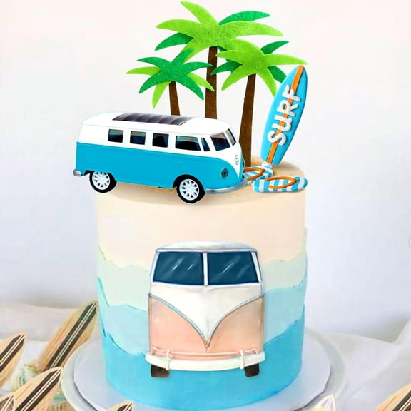 Beach Theme Cake Decoration Set - Includes Van, Palm Tree, and Surfboard Decorations