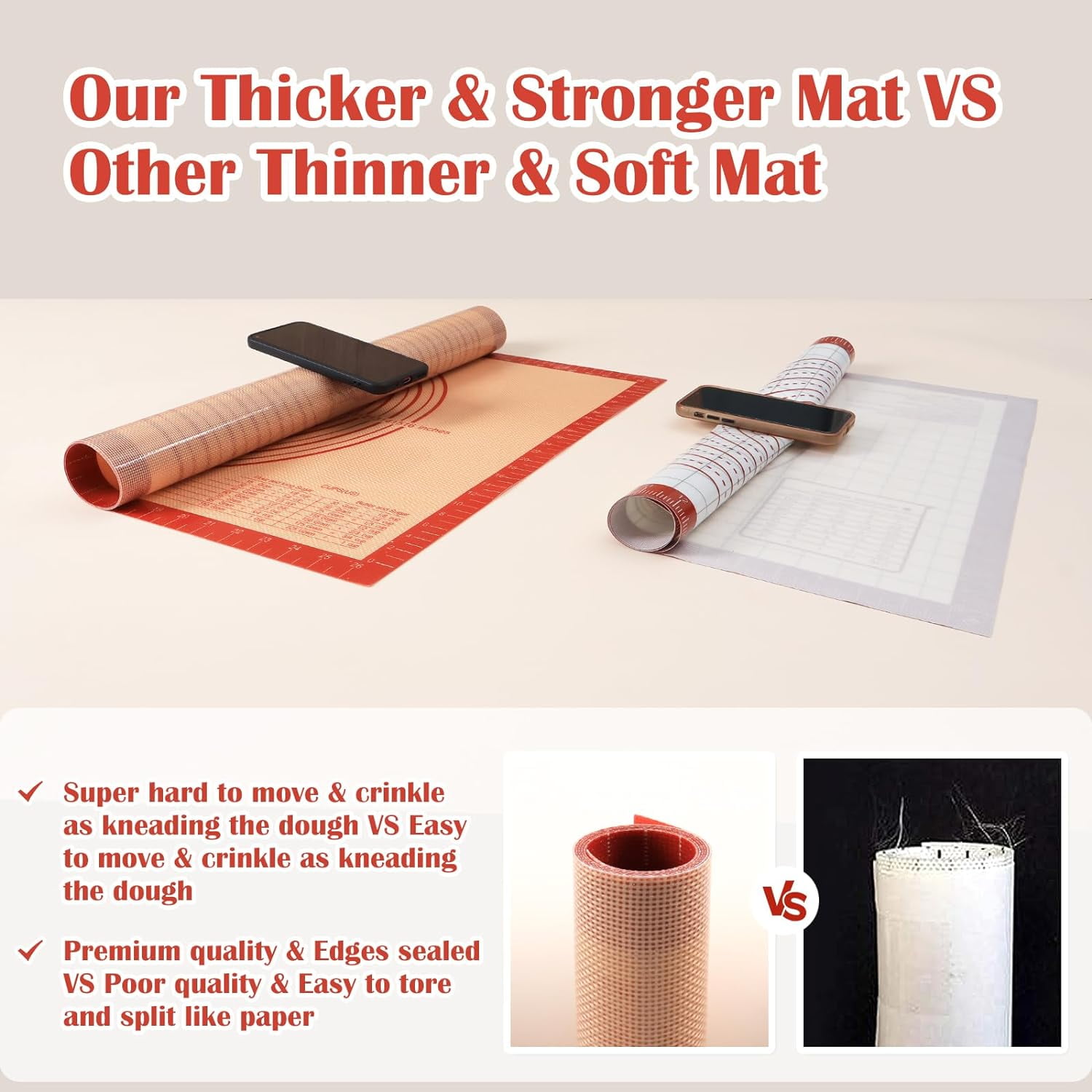 Non-slip Silicone Pastry Mat Extra Large with Measurements 28''By 20'' for Silicone , Counter, Dough Rolling, Oven Liner,Fondant/Pie Crust By Red