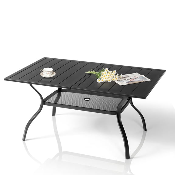 Zimtown Outdoor Dining Table, 2 Tiers Black Iron Rectangular Table for Patio, Kitechen w/ Umbrella Hole, Console Table