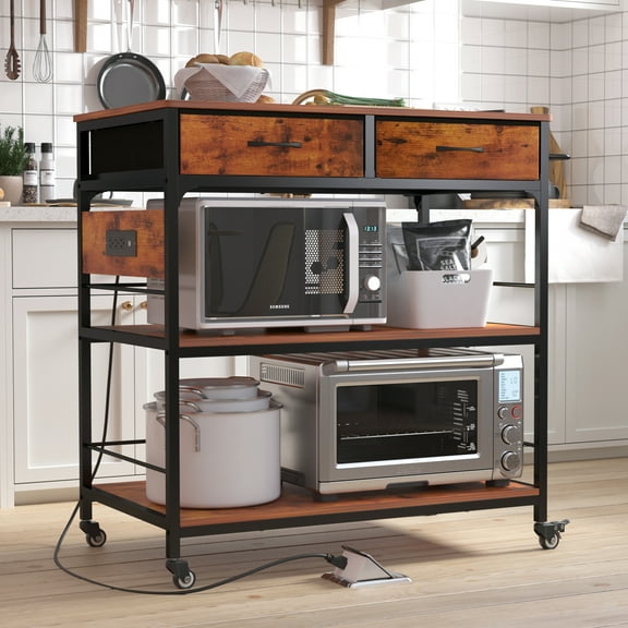 NAIYUFA Adjustable Kitchen Island with Large Capacity Wood , 3 Tiers Rolling Storage Cart with Power Outlet, Movable Microwave oven rack,brown