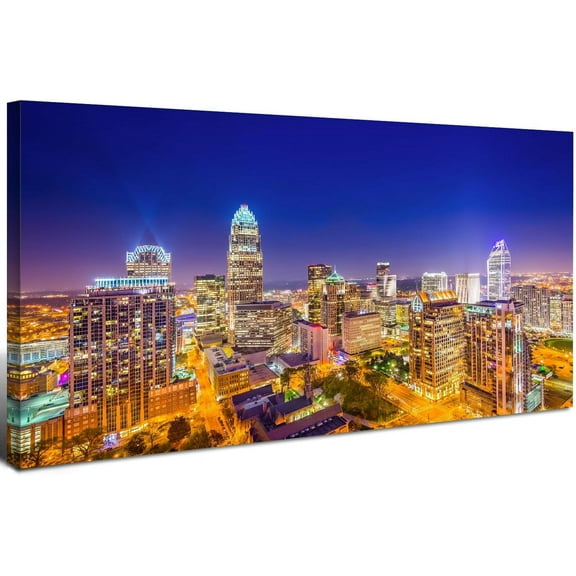 Aaheei Charlotte Skyline Wall Art North Carolina Citys Wall Decor for Office Living Room Blue Night Cityscape Canvas Prints Poster Modern Skyscraper Building Landscape Artwork Home Decoration