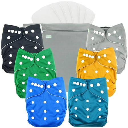 Wegreeco Washable Reusable Baby Cloth Pocket Diapers 6 Pack + 6 Bamboo Inserts (with 1 Wet Bag, Boy Prints 02)