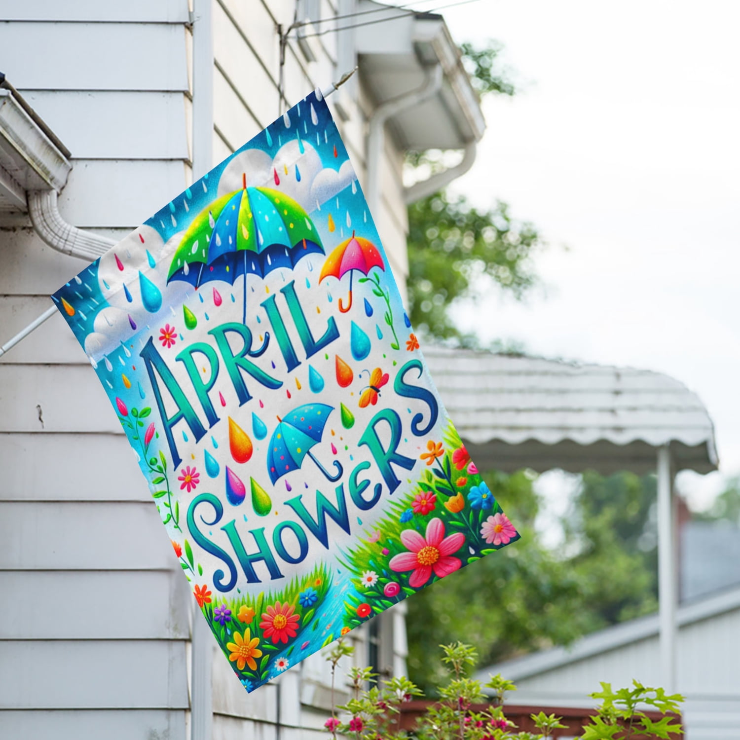 America Forever April Showers House Flag, 28 x 40 inch Double Sided, April Showers Spring Rain Umbrella Flower Colorful Raindrops Spring Garden Outdoor Yard Decor