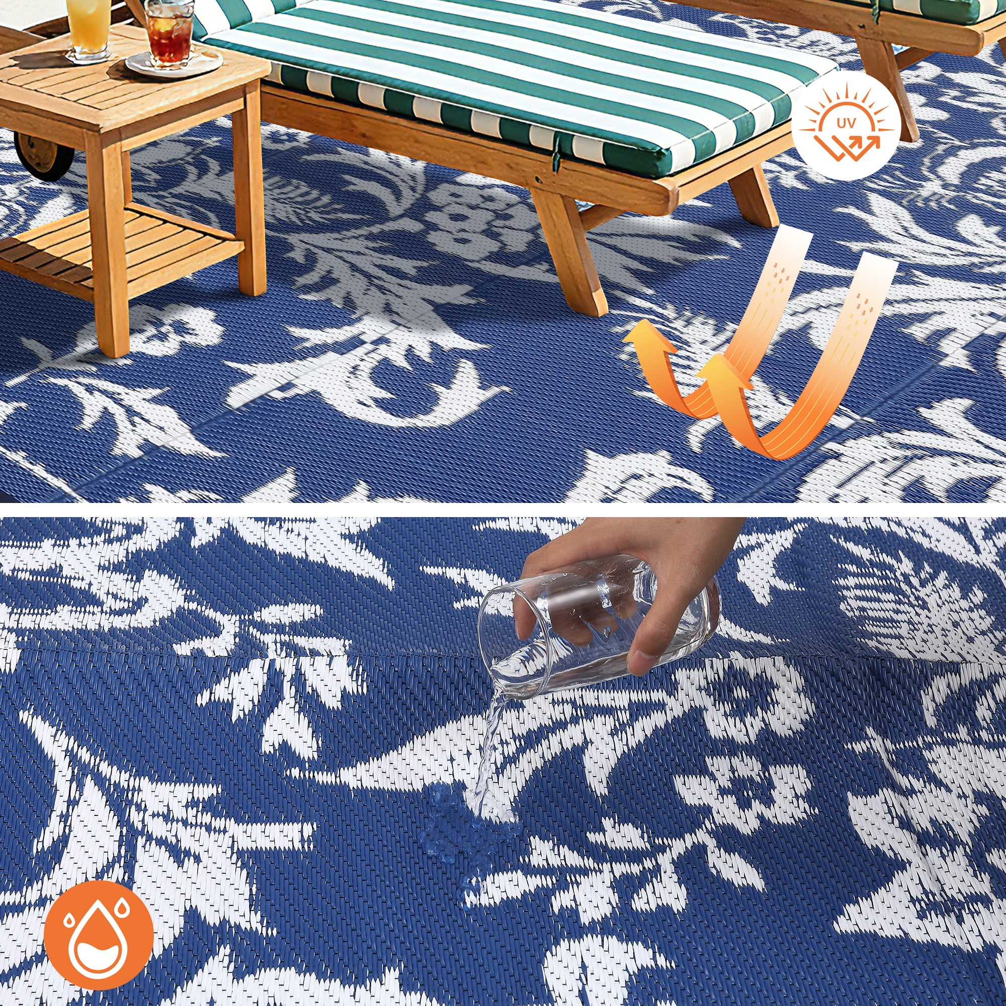 Waterproof Outdoor Rug 8x10 FT Reversible Plastic Straw Patio Mat, Lightweight Foldable Area Rug for RV Camping, Deck, Backyard, Porch, Beach, Picnic, Dark Blue & White