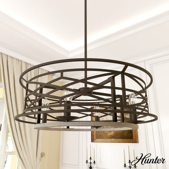 Hunter - Langwood 4-light Onyx Bengal, Large Chandelier, Dimmable, Rustic Style, Drum Shaped, for Bedrooms, Dining, Living Rooms - 19331