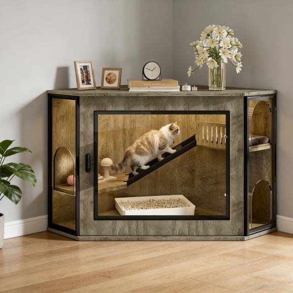 48" Corner Cat Litter Box Enclosure, Modern Hidden Cabinet with Acrylic Door & LED Light, Cat House with Playground & Stairs