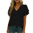 thumbnail image 5 of Enjoytime Dressy Tops for Women Solid Color V-Neck Pleated Base Blouse Short Sleeve Shirts Business Work Casual Shirts Black L, 5 of 8