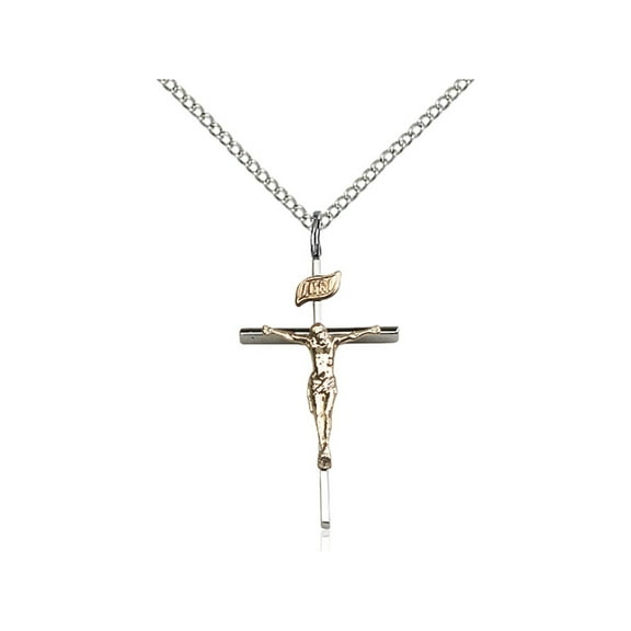 Two-Tone Sterling Silver & Gold-Filled Crucifix Pendant 1 x 1/2 inches with Sterling Silver Lite Curb Chain