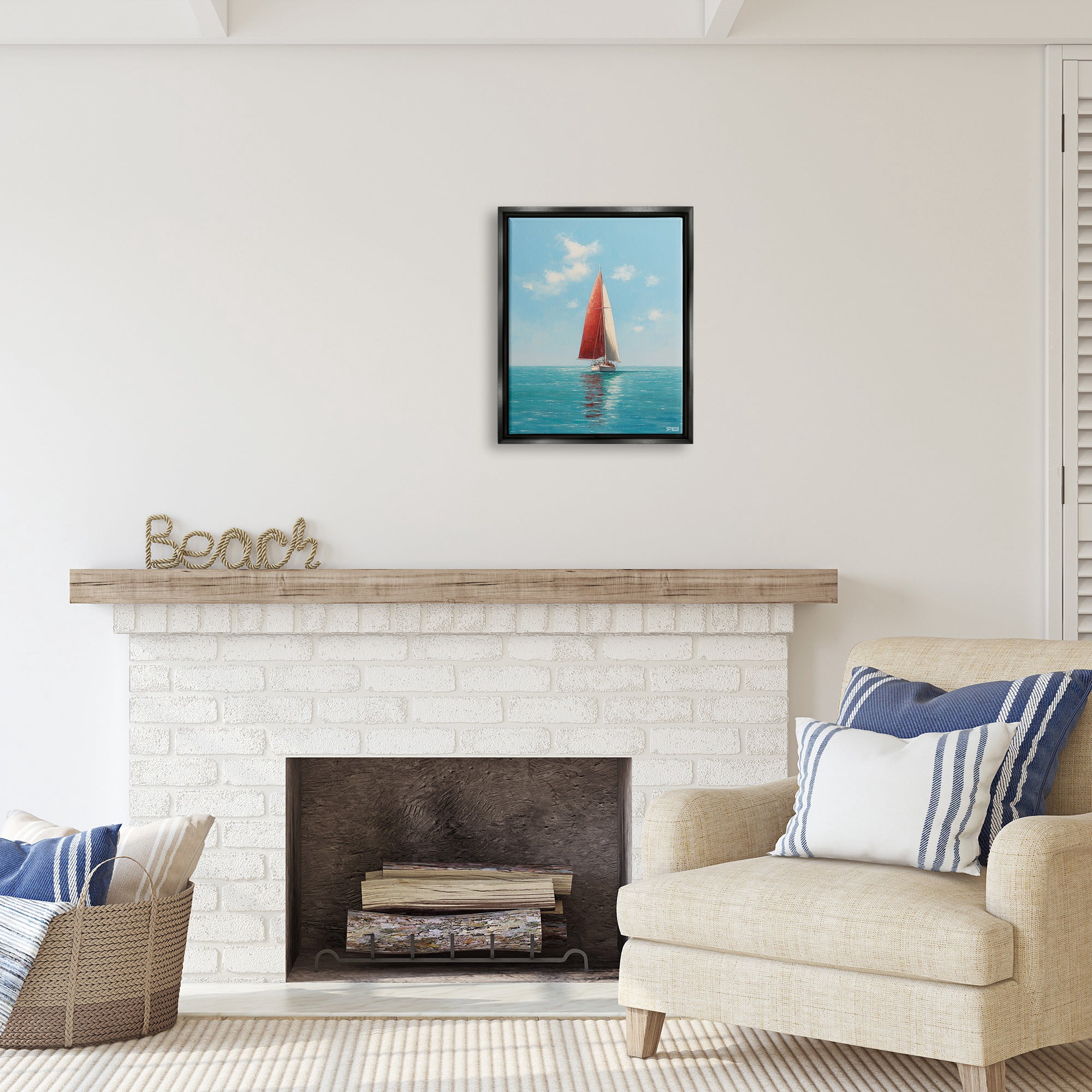Stupell Industries Red Sailboat on Sea Transportation Painting Black Floater Framed Canvas Art Print Wall Art, 17 x 21
