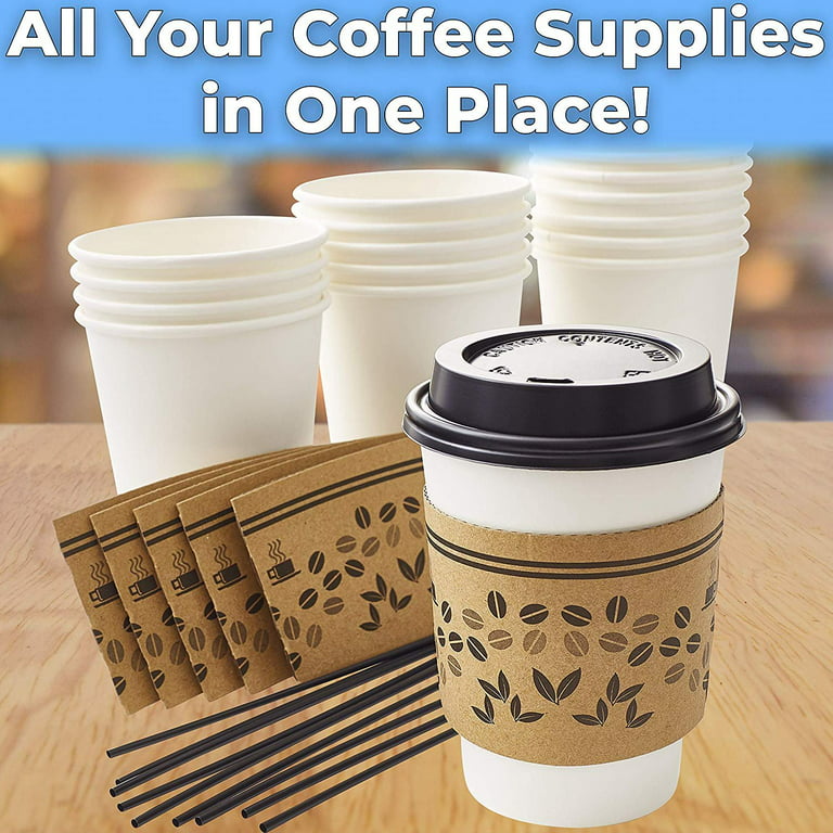 Avant Grub 50pk 12oz Disposable Coffee Cup Set with Sleeves, Lids, and Stirrers. Recyclable, Decorative and Stylish Brown Paper Cup