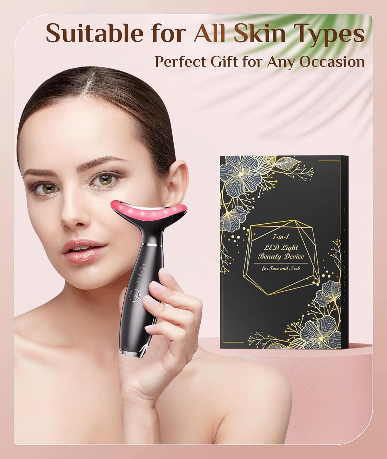 Red Light Therapy Facial Massager, 7 Color Adjustable Vibration and Heat for Wrinkles and Double Chin, Portable Skin Care Tool with Charging Base