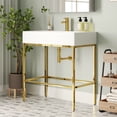 thumbnail image 5 of 32 in. L x 17 in. W White Ceramic Console Sink Basin and Stainless Steel Golden Legs Combo with Overflow Hole, 5 of 16