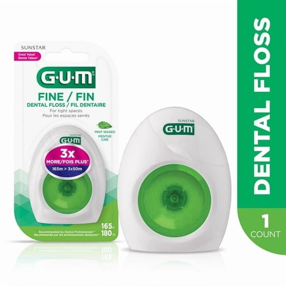 GUM® Fine Waxed Dental String Floss, Mint, Glides easily between tightly spaced teeth