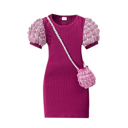 Odeerbi Kids Girls Puff Sleeve Bodycorn Dress with Cute Bag Party Mini Knit Dress Lightweight Short Sleeve Round Neck Solid Color Dress Set Kids Clothes Red