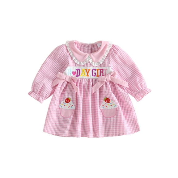 RUINIXCW Toddler Girl Birthday Party Dress Letter Cake Embroidery Doll Collar Long Sleeves Plaid Dress with Bow