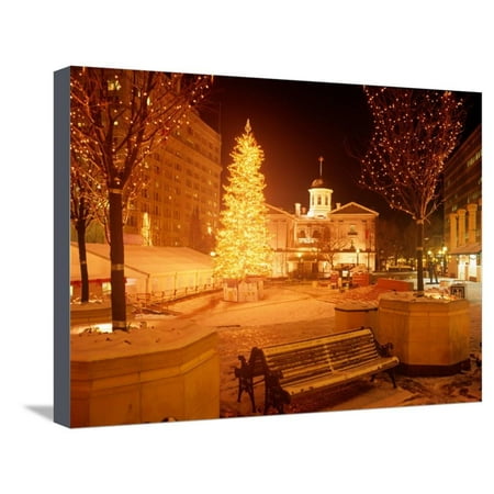 Christmas Ships Portland Oregon Christmas Tree on Snowy Night in Pioneer Courthouse Square, Portland, Oregon, USA Stretched Canvas Print Wall Art By Janis Miglavs ()