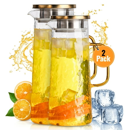 Glass Water Pitcher with Stainless Steel Lid, 2 Pack, 50 oz 1.5L - Borosilicate Glass Jug, Heat Resistant Carafe with Filter, Golden Vintage Design