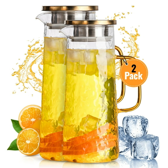 Glass Water Pitcher with Stainless Steel Lid, 2 Pack, 50 oz 1.5L - Borosilicate Glass Jug, Heat Resistant Carafe with Filter, Golden Vintage Design