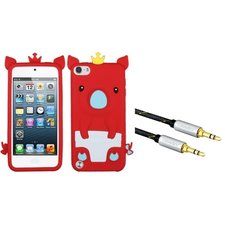 Dandycase 2in1 Ipod Touch 5 Insten Red Crown Piggie Pastel Skin Case for iPod touch (5 5G 5th 6 6G 6th Gen) (with 3.5mm Audio Extension Cable M/M) (2-in-1 Accessory Bundle) ()