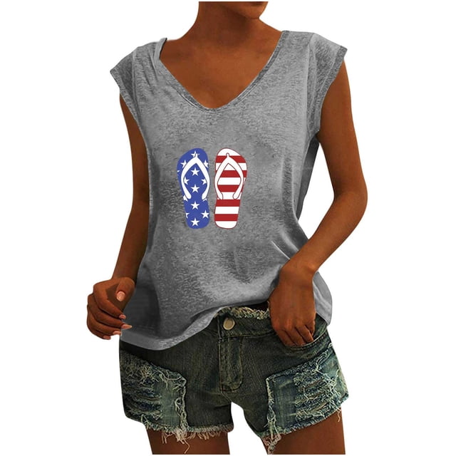 Birdeem Womens Summer V-Neck Tank Tops Short Sleeve Independence Day Print T-Shirt Tops