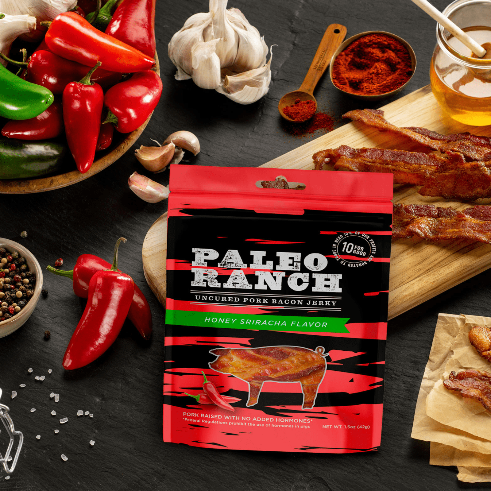 PALEO RANCH, Honey Sriracha Pork Bacon Jerky, No Added Hormones, No Preservatives 1.5 oz (Pack of 4)