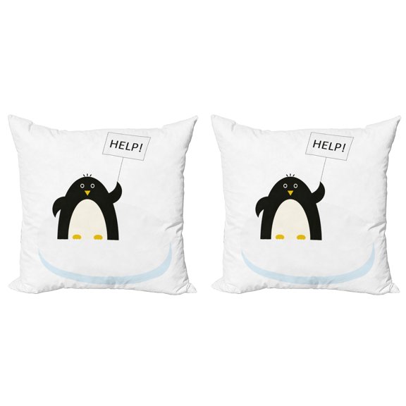 Ambesonne Animal Throw Pillow Cover 2 Pack, Penguin on Ice Need Help, 24", Black White and Sky Blue