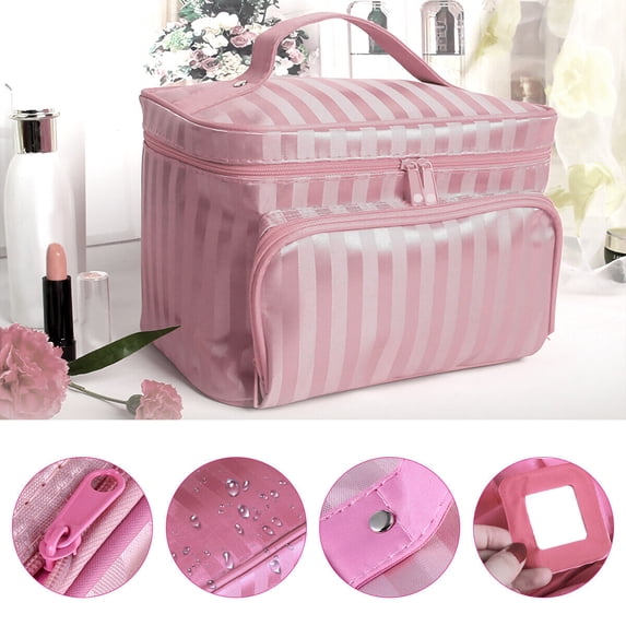 Makeup Bag Portable Travel Cosmetic Bag Makeup Tools Organizer with Handle and Divider, Pink