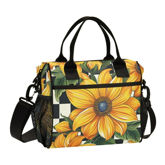 Ckdifva Checkered Flowers Cooler Bag Cooler Cooling Tote Lunch Bag Lunch Box Front Pocket with Shoulder Strap