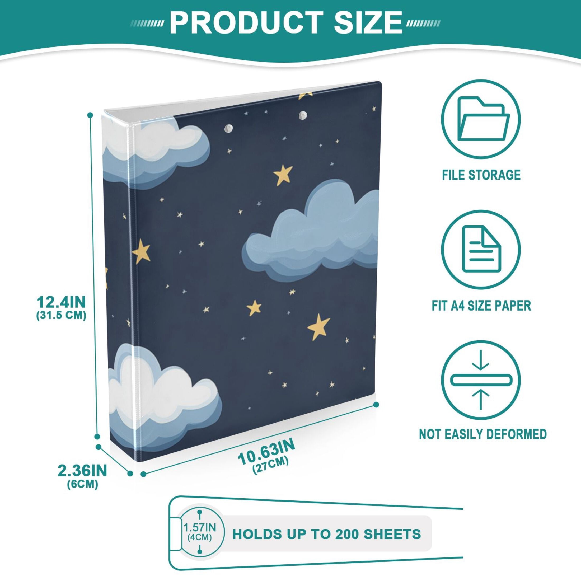 Clouds Stars 3 Ring Binders 1.5 inch Hardcover File Folders with Interior Pockets A4 Size Organizer for School Office Hospital