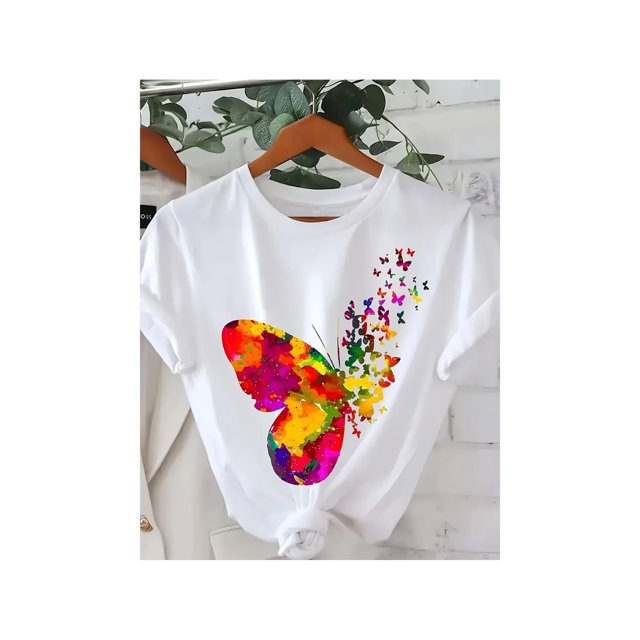 Soft Pure Cotton Round Neck Short-sleeved Top T-shirt - Colorful Butterfly Pattern Printed Women's Casual Fashion Sports Fitness Daily outdoor Comfortable