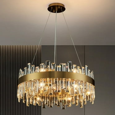 24 in. 2-Tier Modern Crystal Chandelier Brass Gold Round Crystal Raindrop Chandelier Contemporary Pendant Light for Dining Room