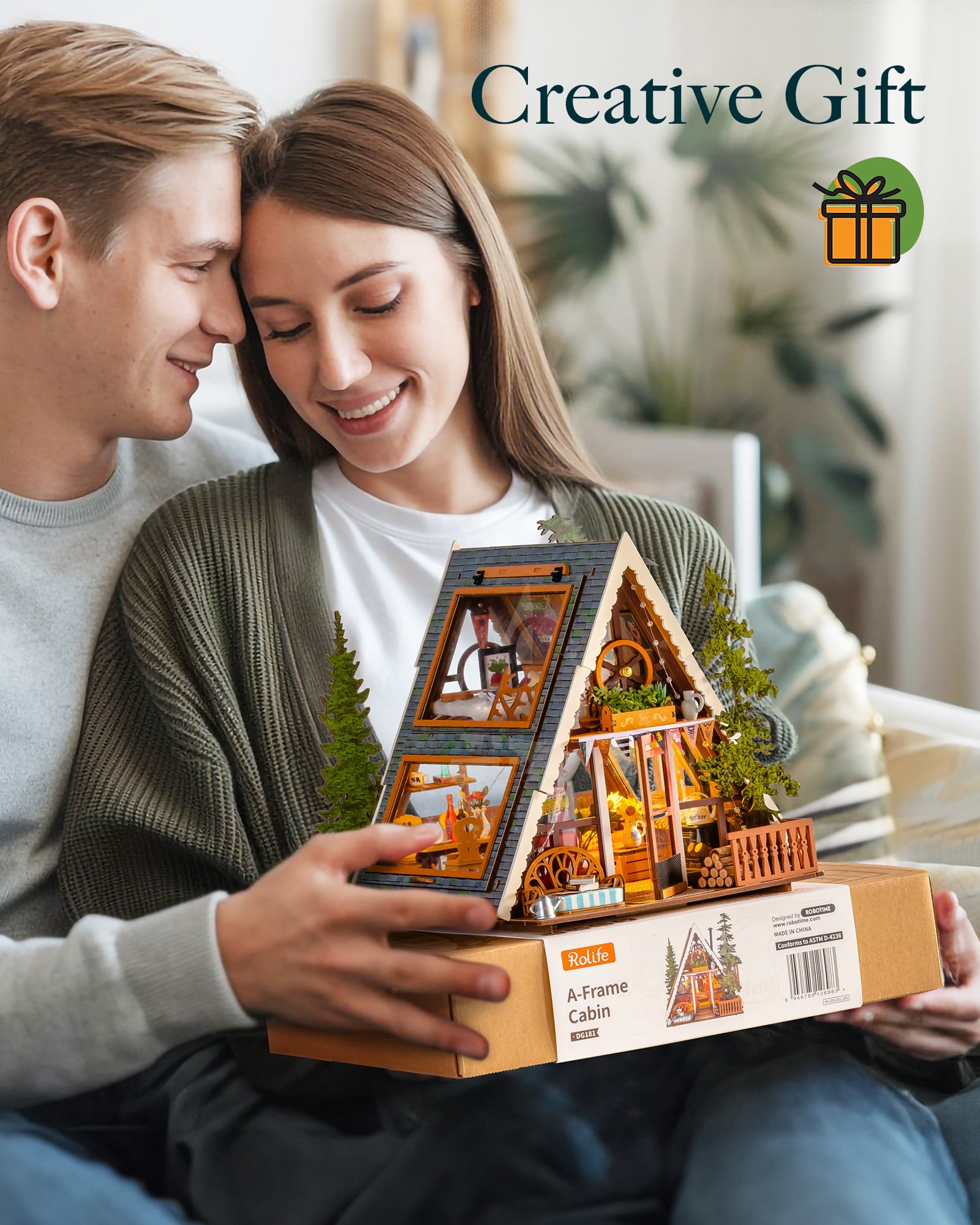 Robotime A-Frame Cabin DIY Miniature House Kit,Mini Wooden Dollhouse Building Sets for Home Decor,Tiny House Craft Kits Gift for Adults Teens