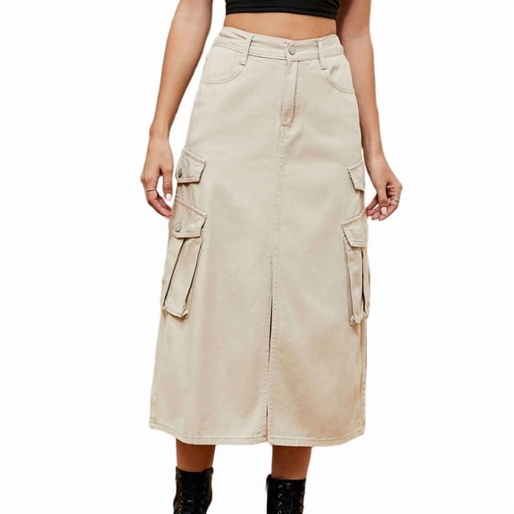 Women'S Long Jean Skirts with Slit Elastic Waist Cargo Denim Maxi Skirt Khaki M