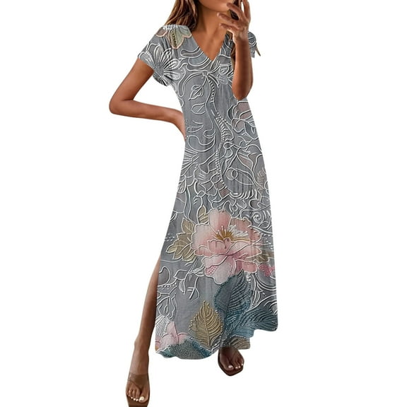 asdoklhq Womens Dresses Womens Spring and Summer V-Neck Solid Casual Short Sleeved Long Dress Multicolor 5X