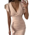 thumbnail image 3 of Gureui Women Elegant Wrap Maxi Bodycon Dress Sexy Deep V-Neck Ruffle Sleeve Vintage Comfy Wedding Cocktai Party Fashion Pencil Midi Dress, 3 of 9