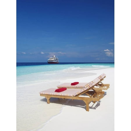 Lounge Chairs on Beach and Yacht, Maldives, Indian Ocean, Asia Print Wall Art By Sakis