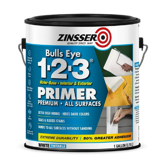 White , Zinsser Flat Bulls Eye 1-2-3 Interior/Exterior Multi-purpose Water-based Primer- Gallon, 1 Pack