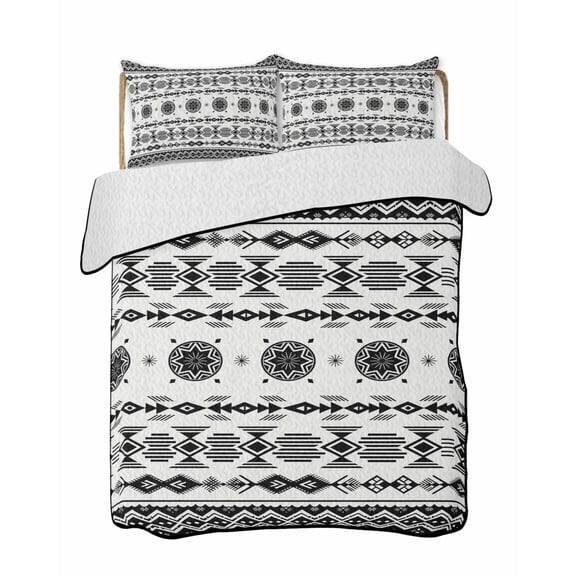 Twin XL Quilt Bedding Set, Black White Boho Reversible Summer Quilt 3 Pieces, Vintage Abstract Art Ethnic Tribe Lightweight Bedspreads Coverlets with 2 Pillow Shams for All Seasons