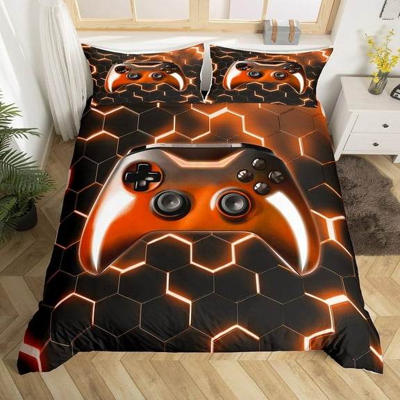 Erosebridal Gamer Gifts Bedding Set Gaming Gamepad Comforter Cover Orange Geometric Honeycomb Duvet Cover Game Room Decor, 3D Game Console Bedspread Cover with 2 Pillow Cases King