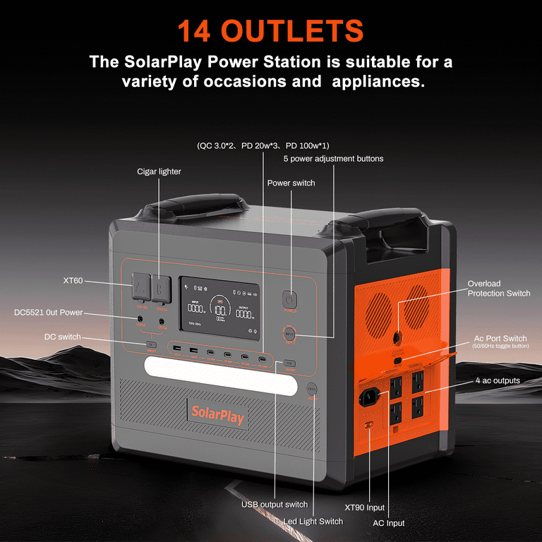 SOLARPLAY 2500W Portable Solar Generator, 4800W Peak, 2304Wh