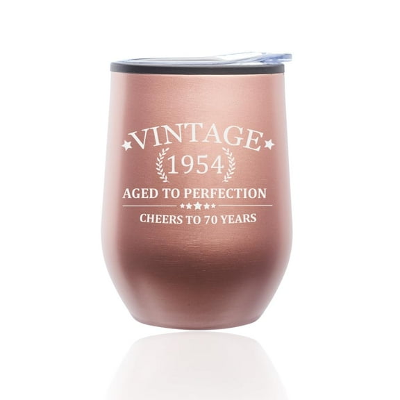 Stemless Wine Tumbler Glass With Lid Cheers To 70 Years Vintage 1954 70th Birthday (Rose Gold)