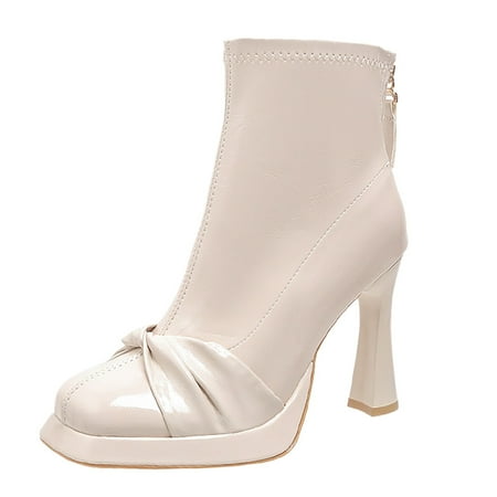 

kpoplk Ankle Boots for Women Low Heel for Thick with Round (White 6.5)
