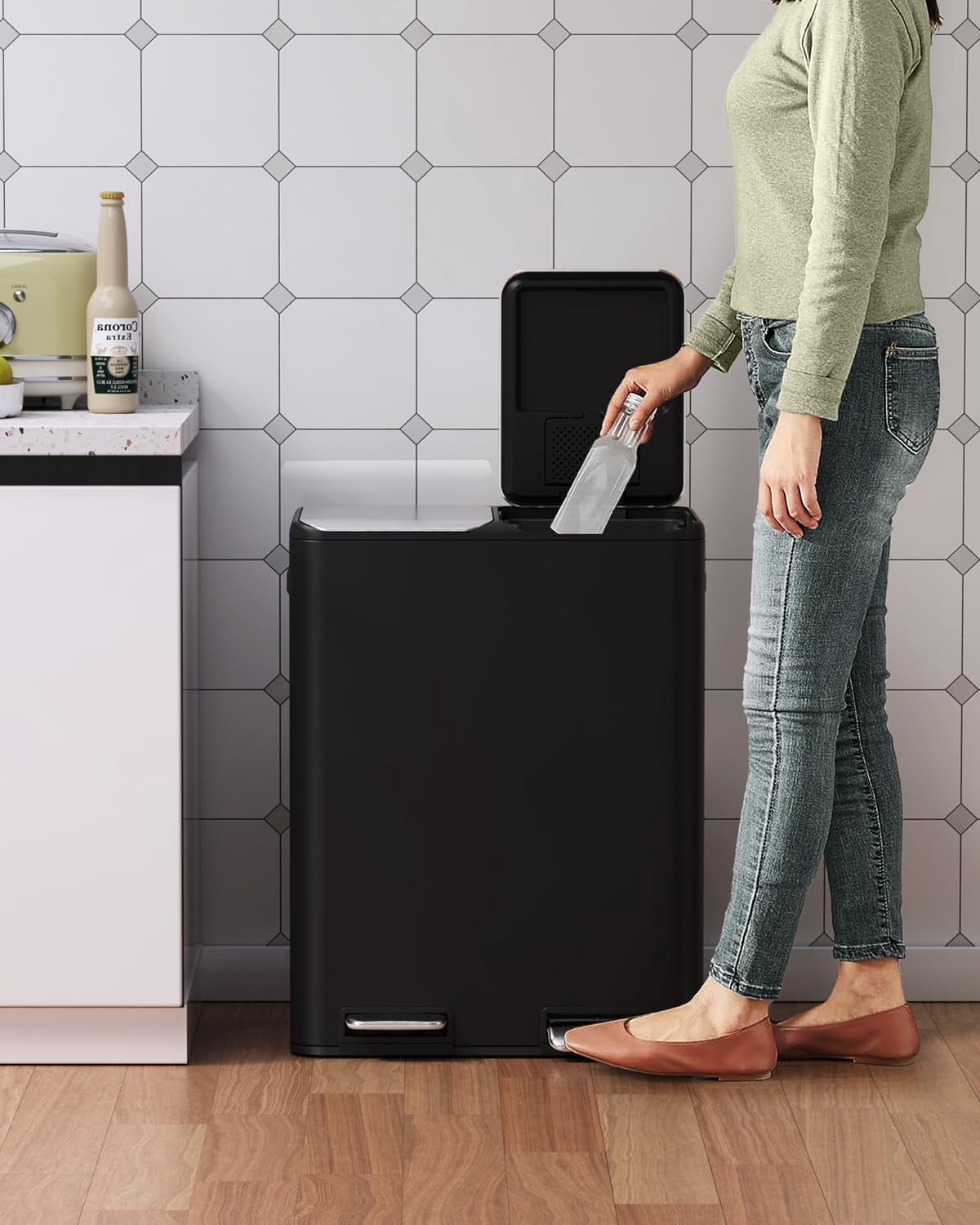 Pirecart 60L Dual Compartment Trash Can Soft-Close Lid Step Garbage Can W/ Soft-Close Lid, Black